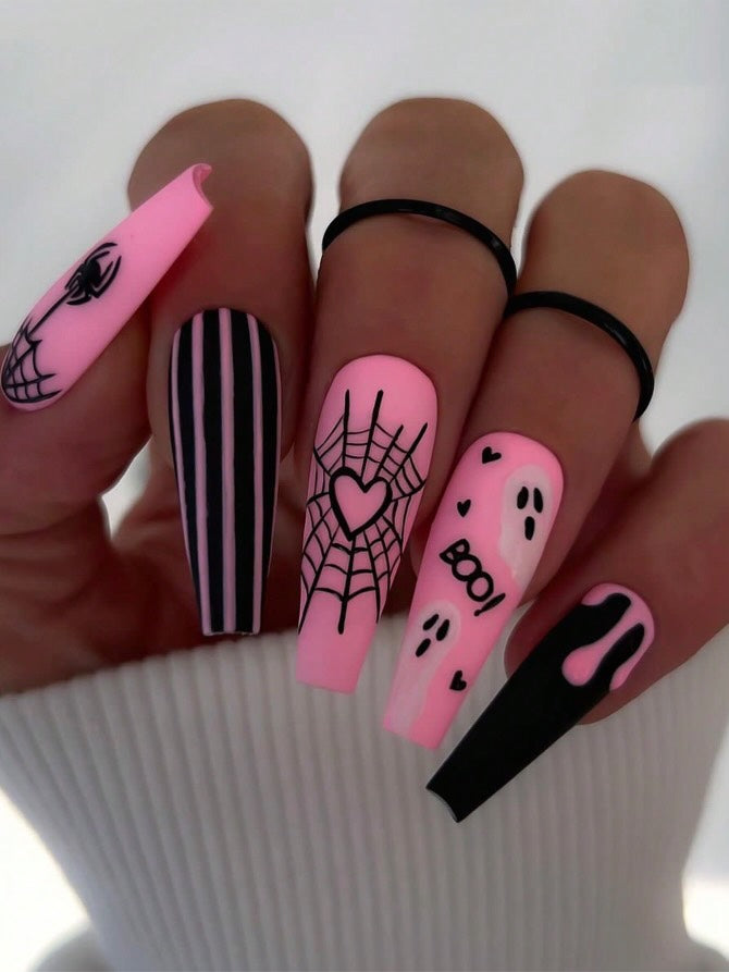 Ročno izdelani umetni nohti | PINK HALLOWEEN