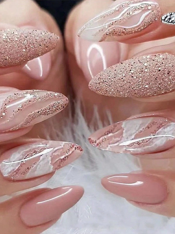 Ročno izdelani umetni nohti | NUDE GLITTER WAVES