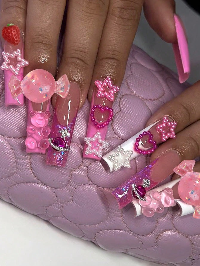 Umetni nohti - Barbie glam z 3D dekoracijami (24 kos)