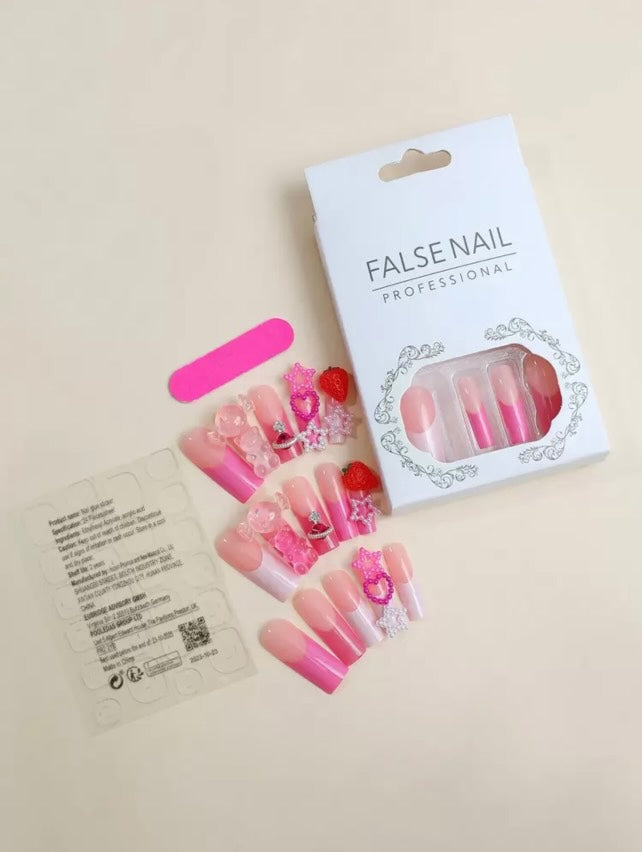 Umetni nohti - Barbie glam z 3D dekoracijami (24 kos)
